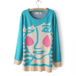 Cartoon Lovely Sweaters Abstract Head Knitted Sweater on Luulla